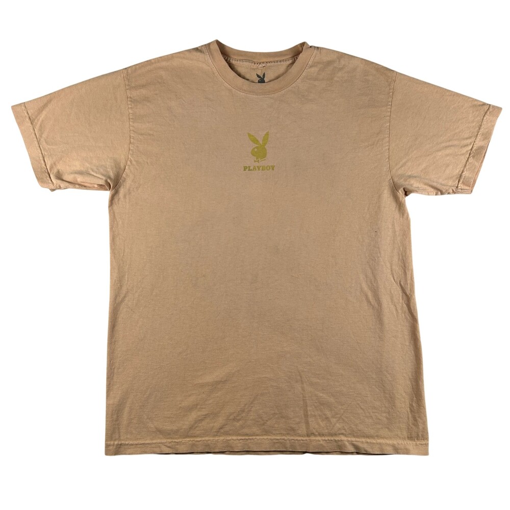 Playboy Shirt Mens Large Beige Bunny Logo Graphic Tee Tagless Cotton T-Shirt